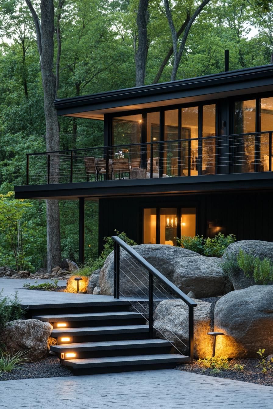 modern split level home with stairs to porch LED lit steps boulders on slope black house siding modern black roof large modern windows balcony