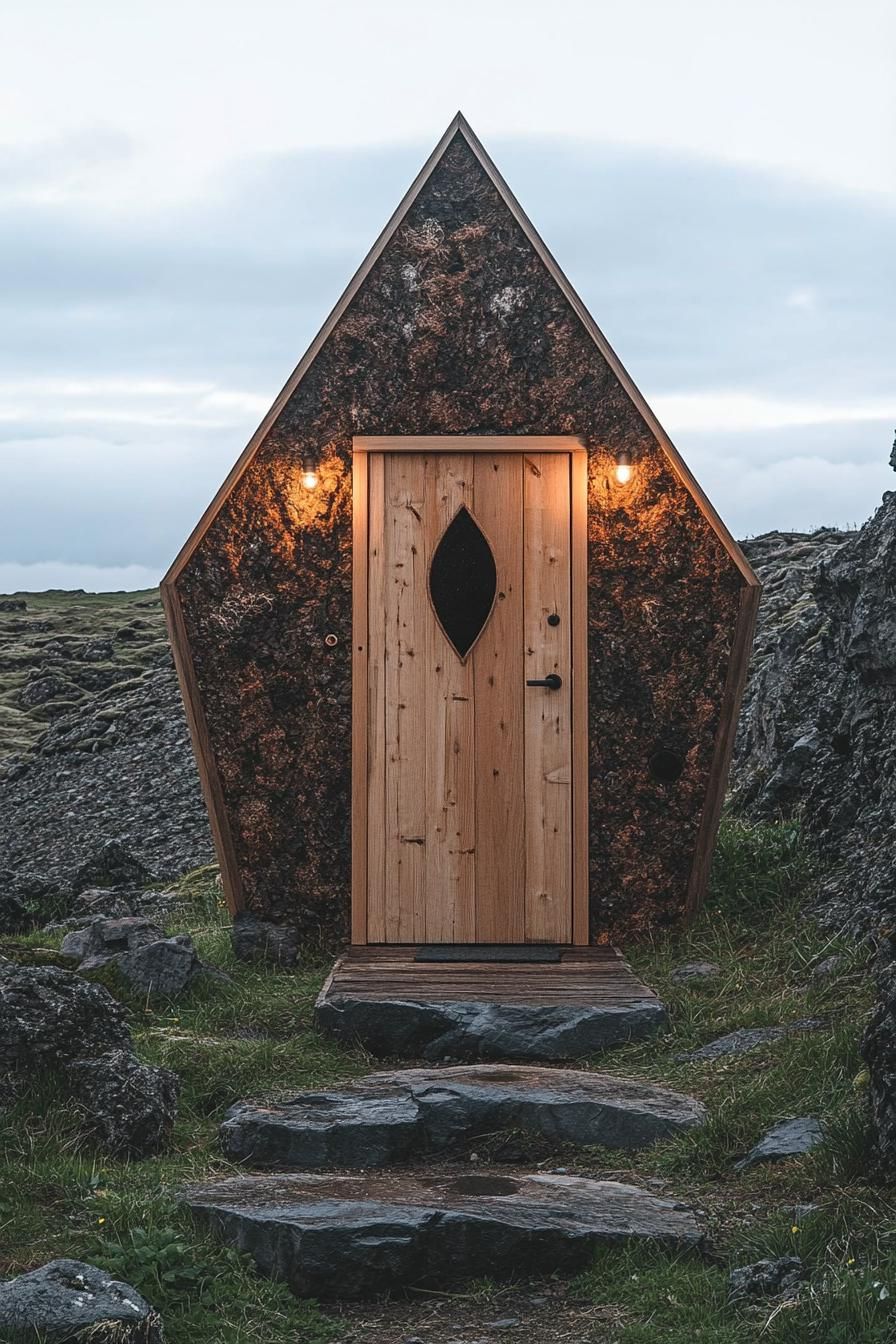 Cozy triangular cabin against a rocky backdrop