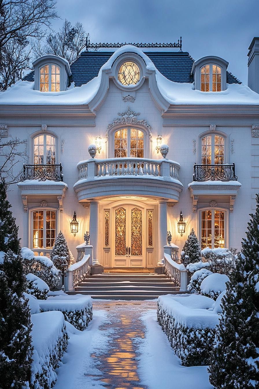 front view of a French mansion with white siding snow on roof with dormers white windows with molding and embellishments balcony with white ornate 1