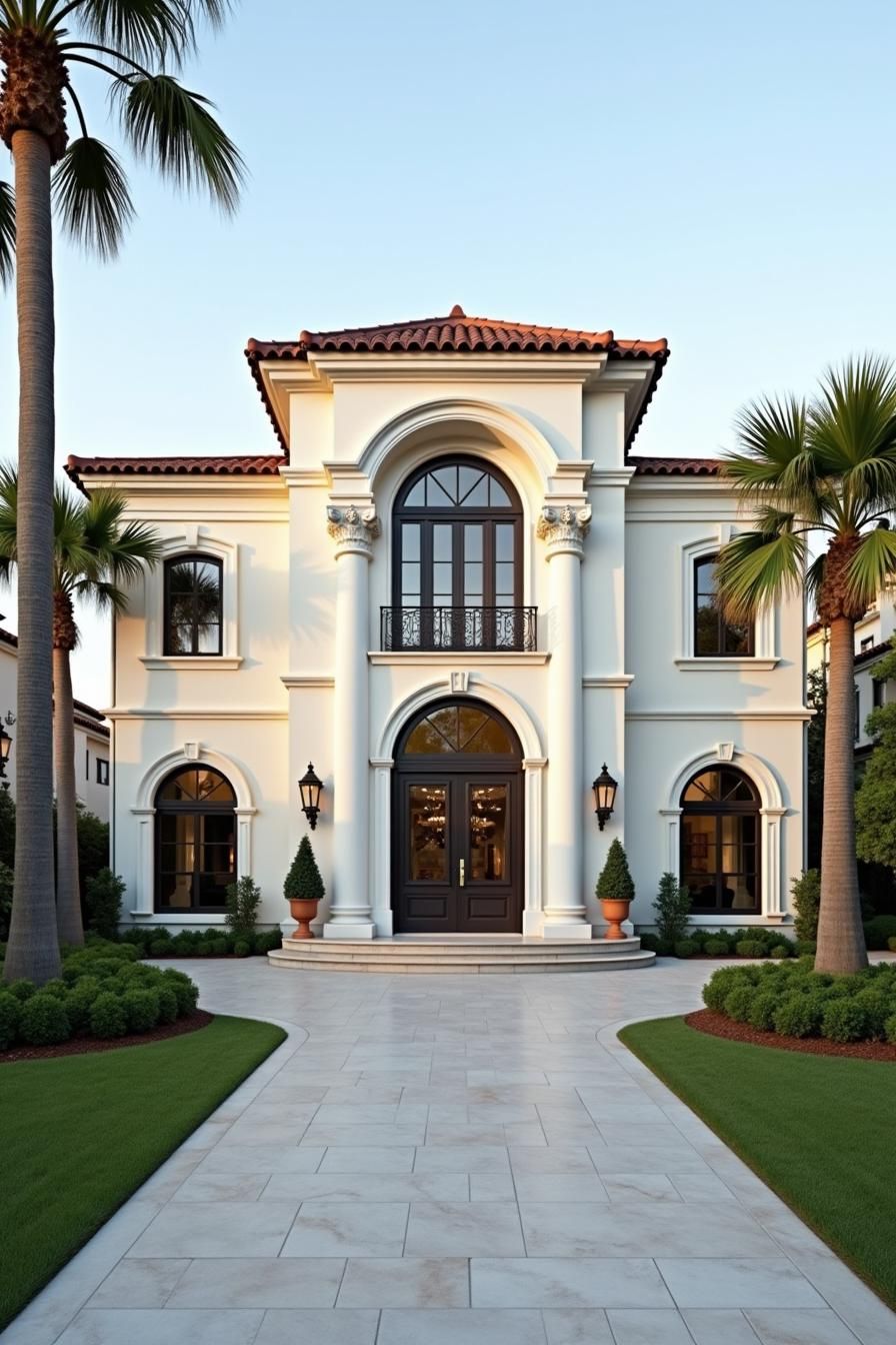 Elegant mansion with Mediterranean design featuring arches and palm trees