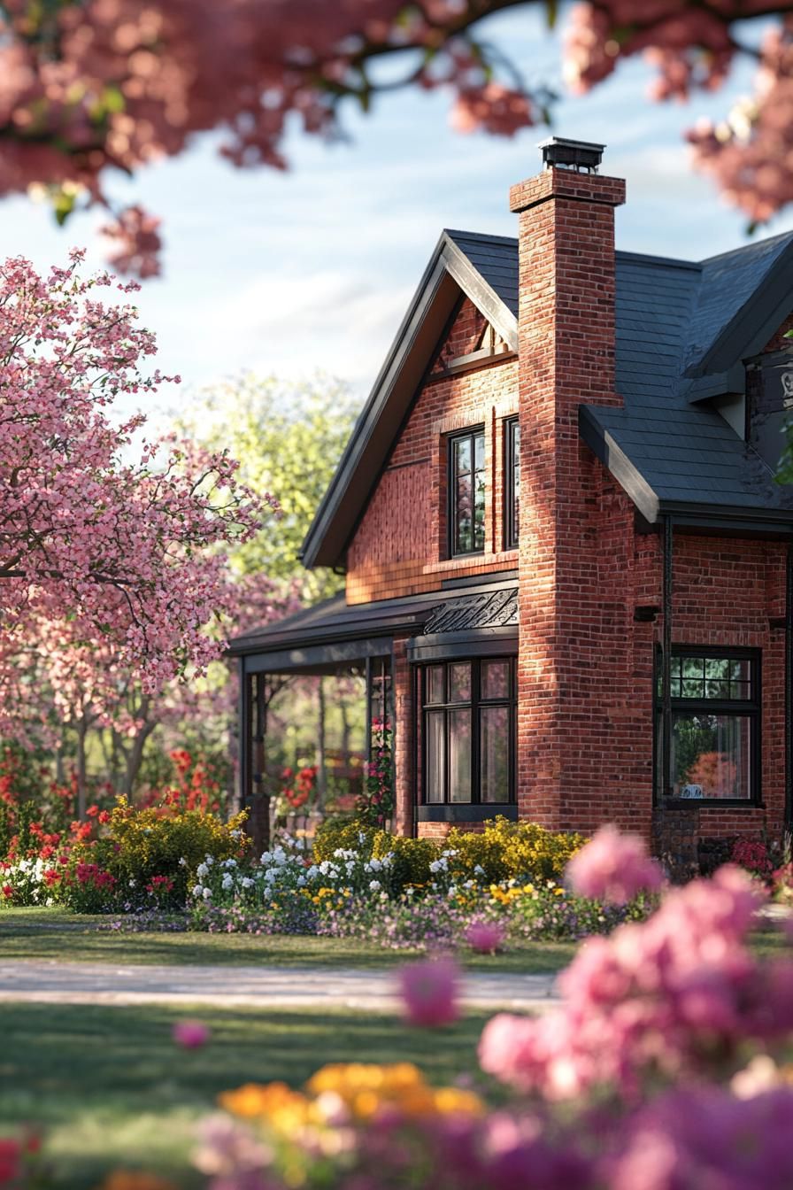 manor house with brick facade with flower vines modern windows roof with gables front yard with blossoming flower garden 2