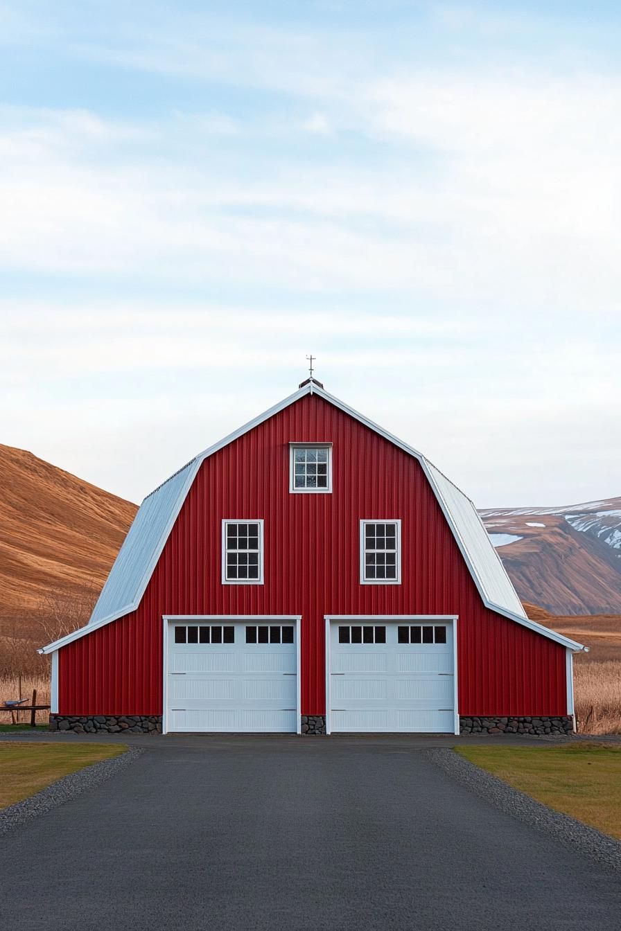 large red metal shouse barndominium with white barn roof large garage doors porch with small roof and wooden beam posts on brick foundations scenic