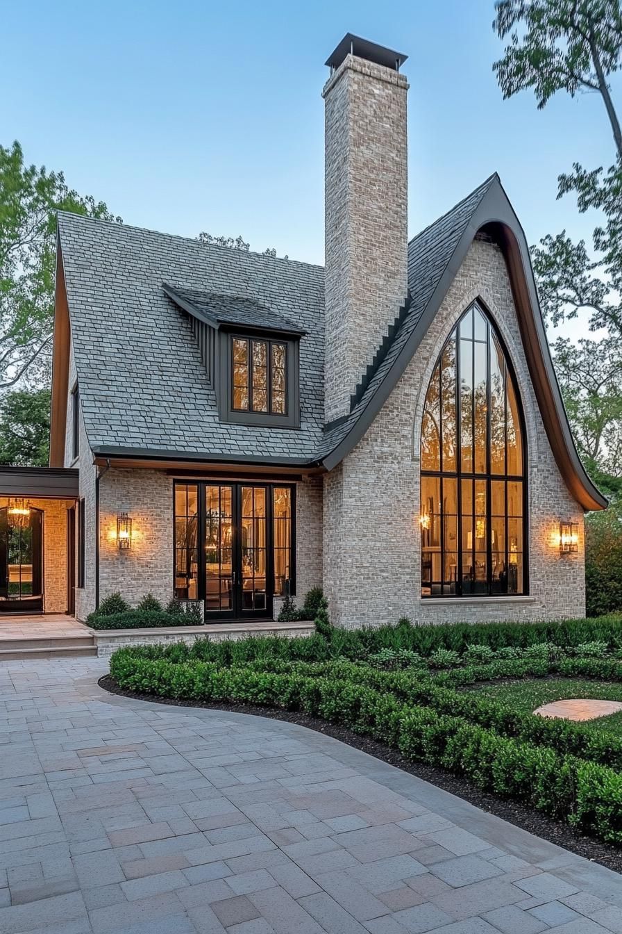 contemporary cottage style house with multi pitch roof chimney limestone brick siding arched modern windows arched front door large tile paved 1