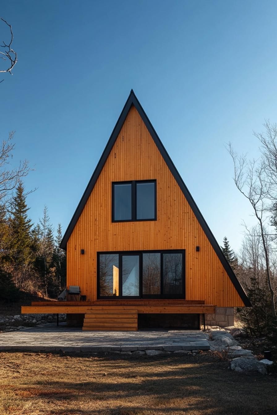 A-Frame wooden house surrounded by trees