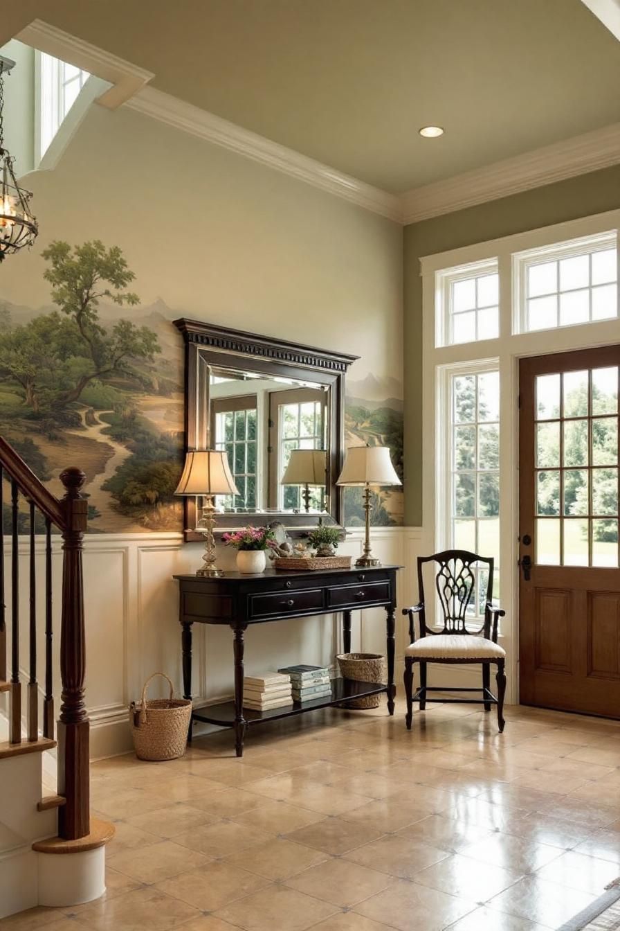 Bright colonial-style entryway with elegant furniture and mural