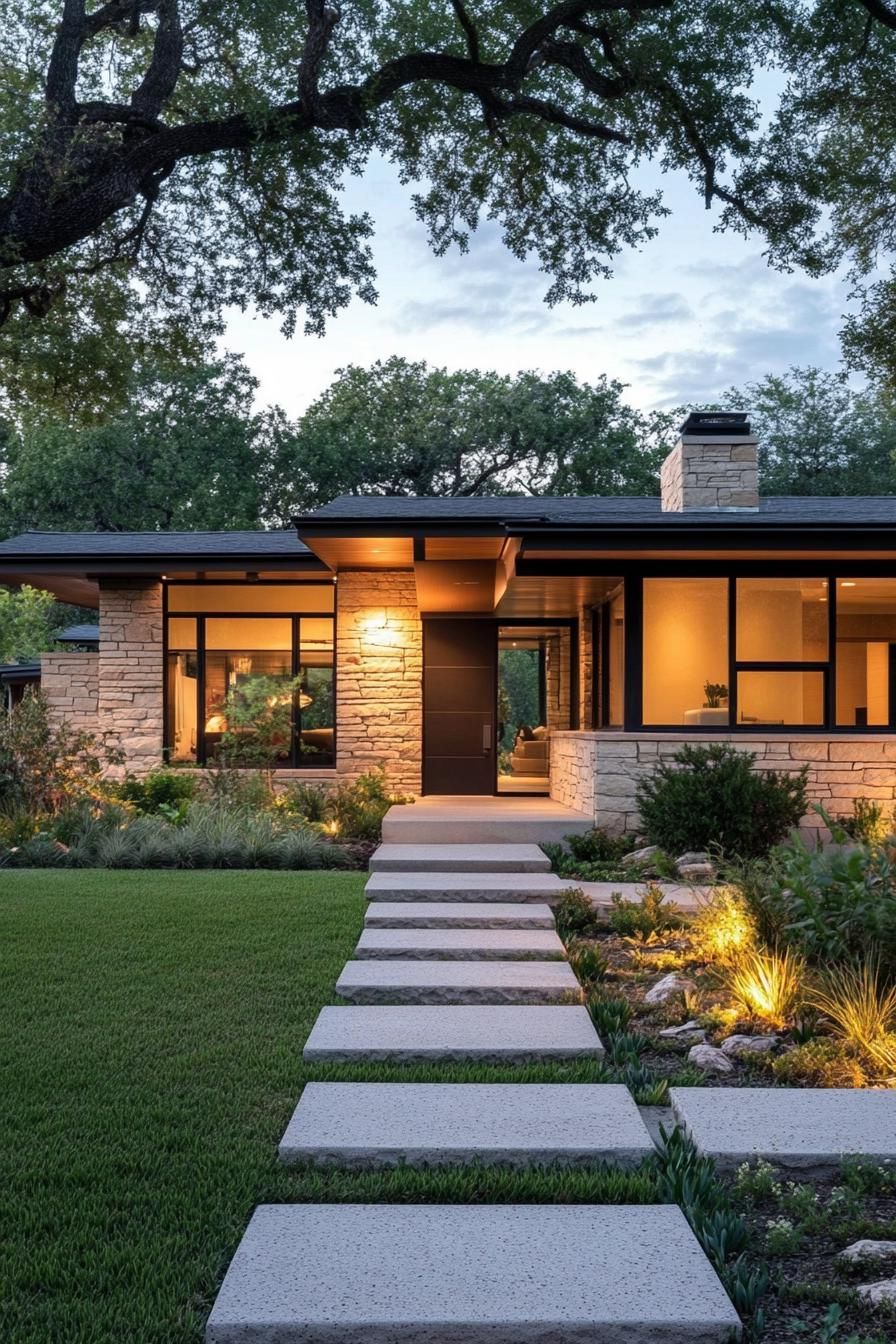 Modern ranch-style home with stone facade and warm lighting