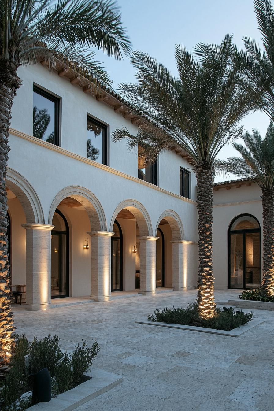 mediterranean house courtyard with arches and columns modern windows limestone pavement tall palms