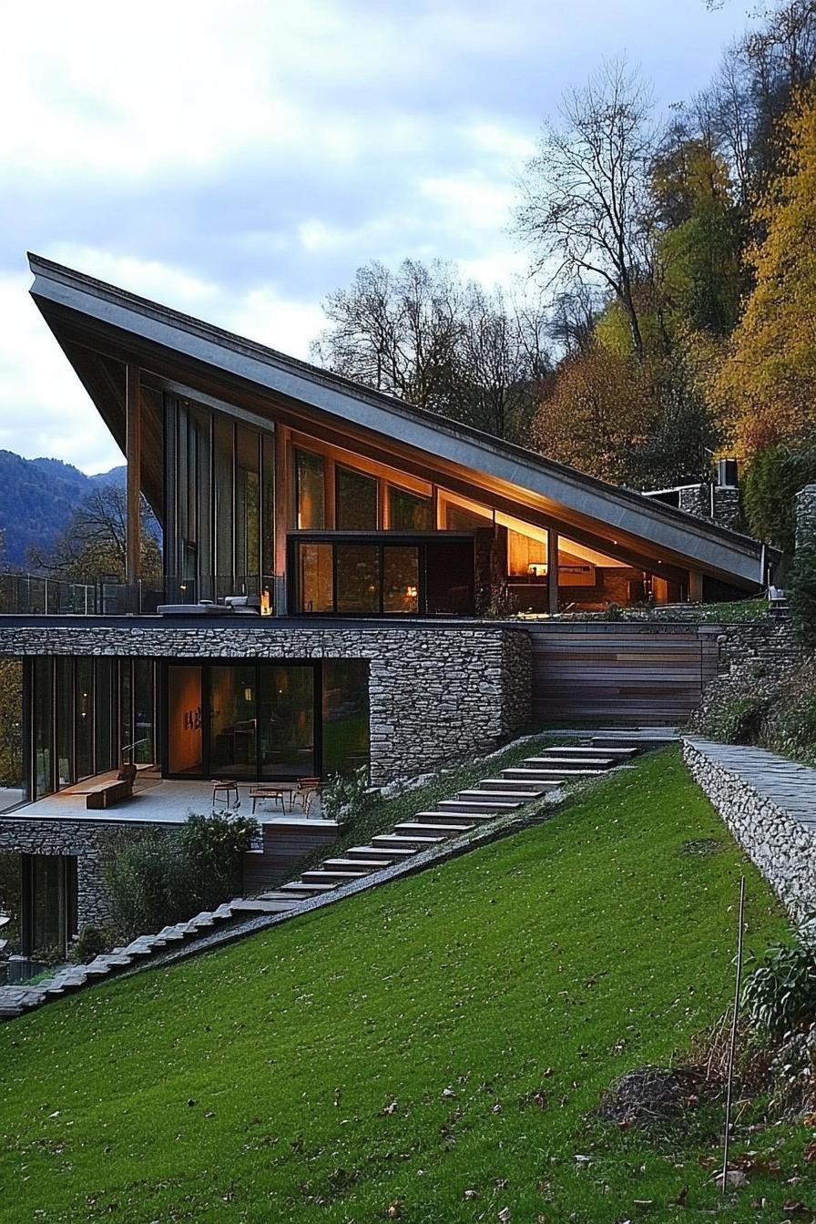 modern house built onto a hillside bank cascading facade on slopes reinforced with stone fencing terrace at the bottom access to the house on top 2