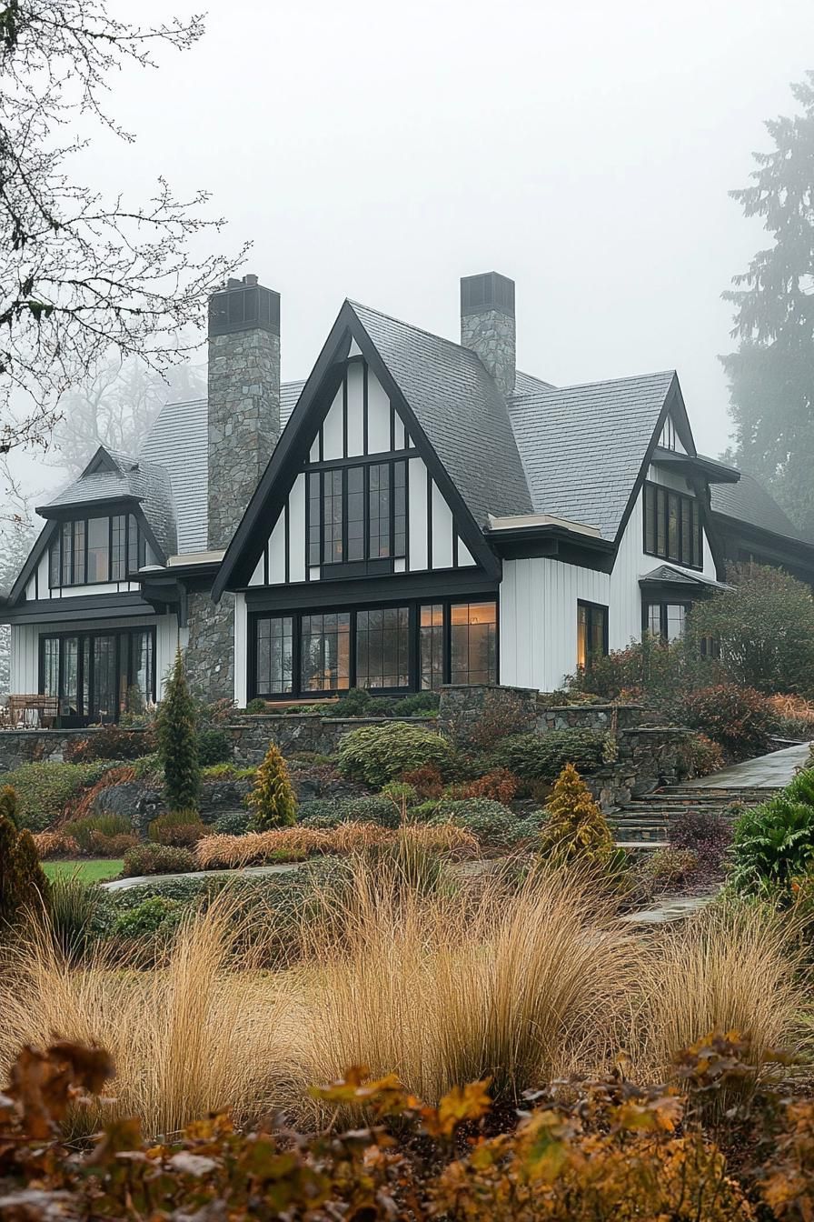 Modern Tudor house in a foggy, lush landscape