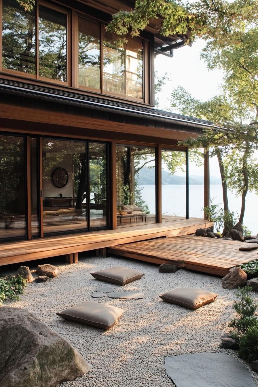 A serene Japanese courtyard with a wooden deck and cushions on gravel