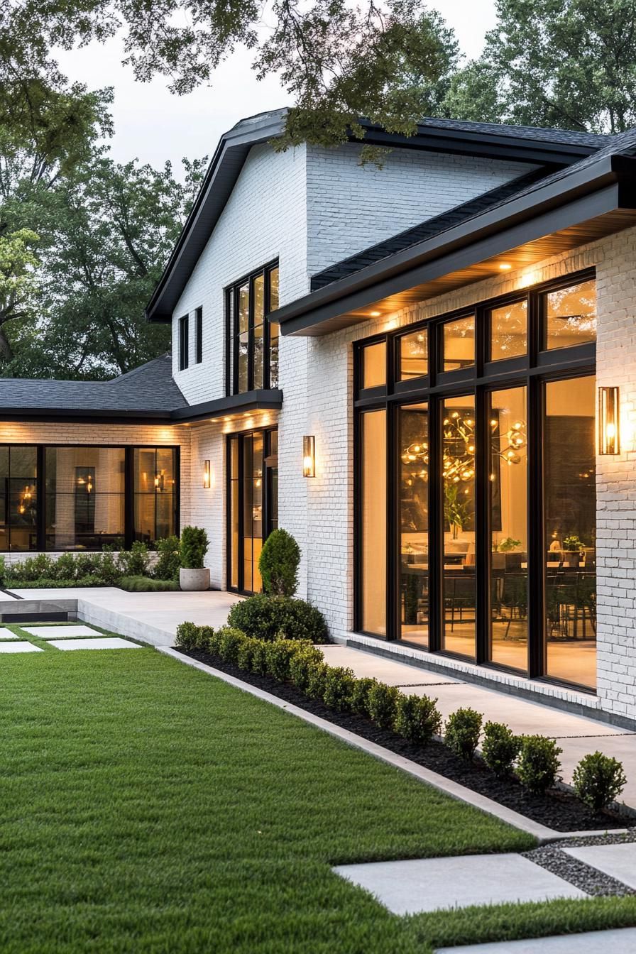 modern villa design with slate brick siding and white and black trim full wall modern windows LED trim lighting landscaping with concrete lawn 1