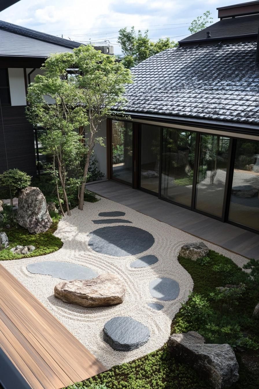 Japanese courtyard with rocks, gravel, and lush greenery