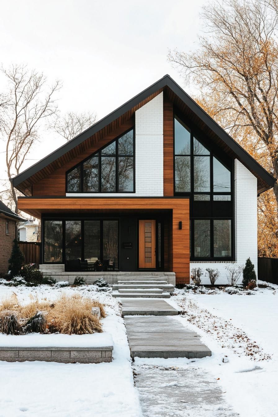 Modern house with wooden accents and snowy yard