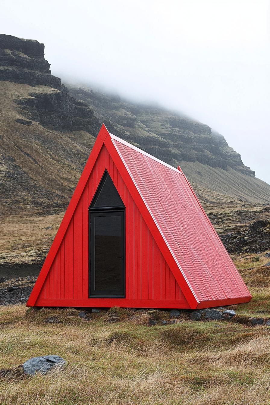 Red triangular cabin in a rugged mountain landscape