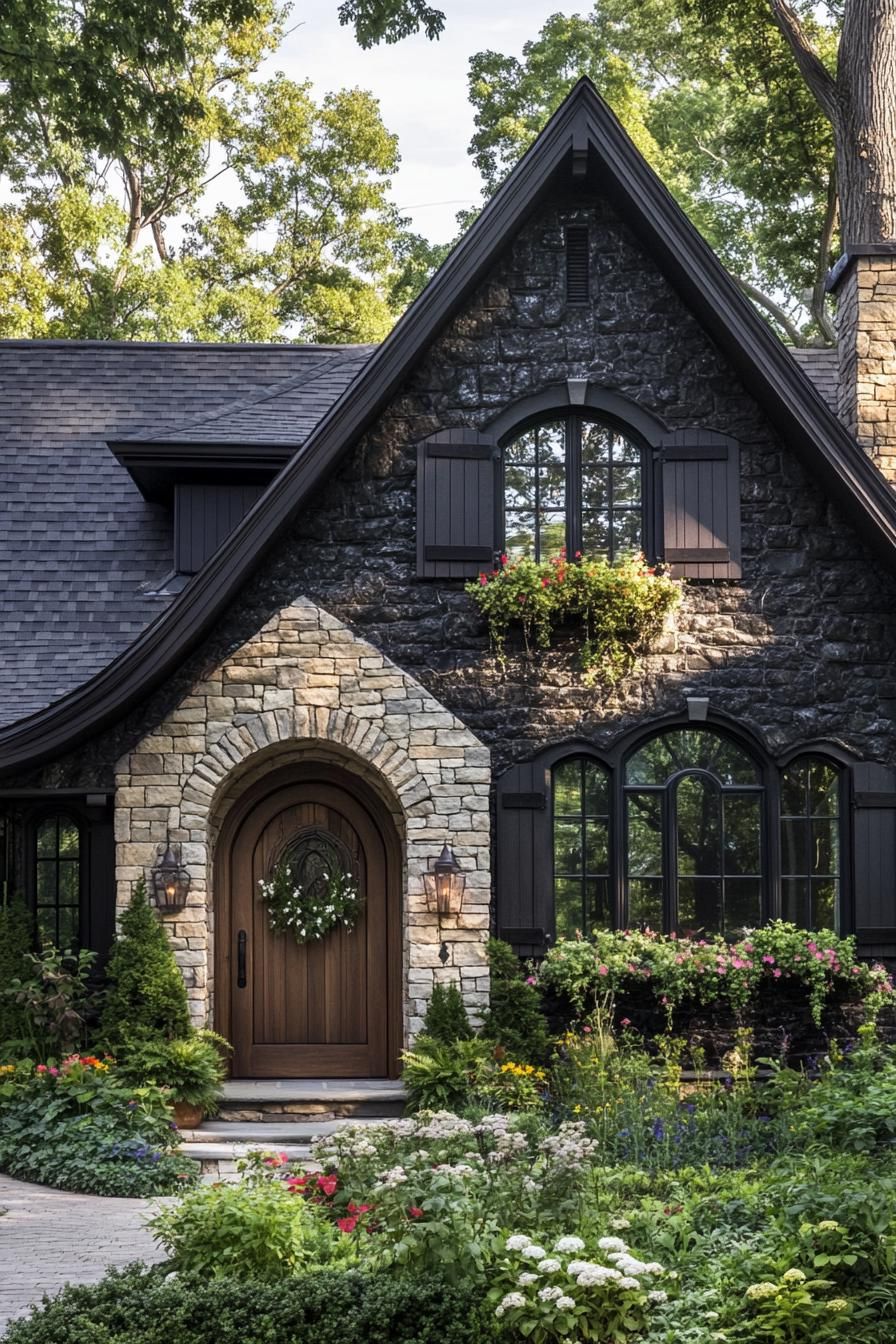 Stone cottage with arched door and lush garden