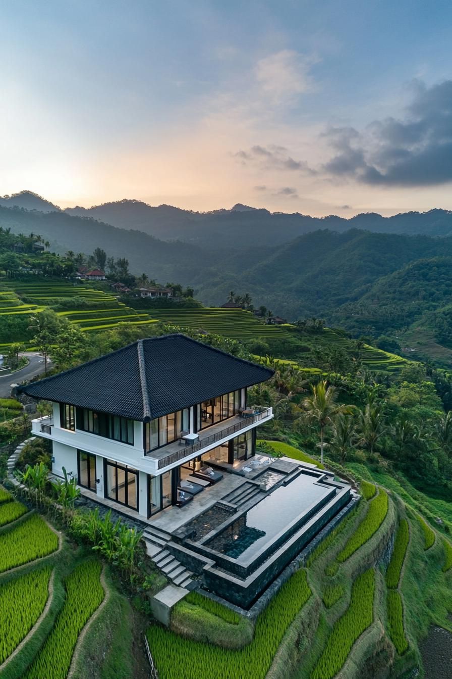 Modern villa with infinity pool nestled on rice terraces