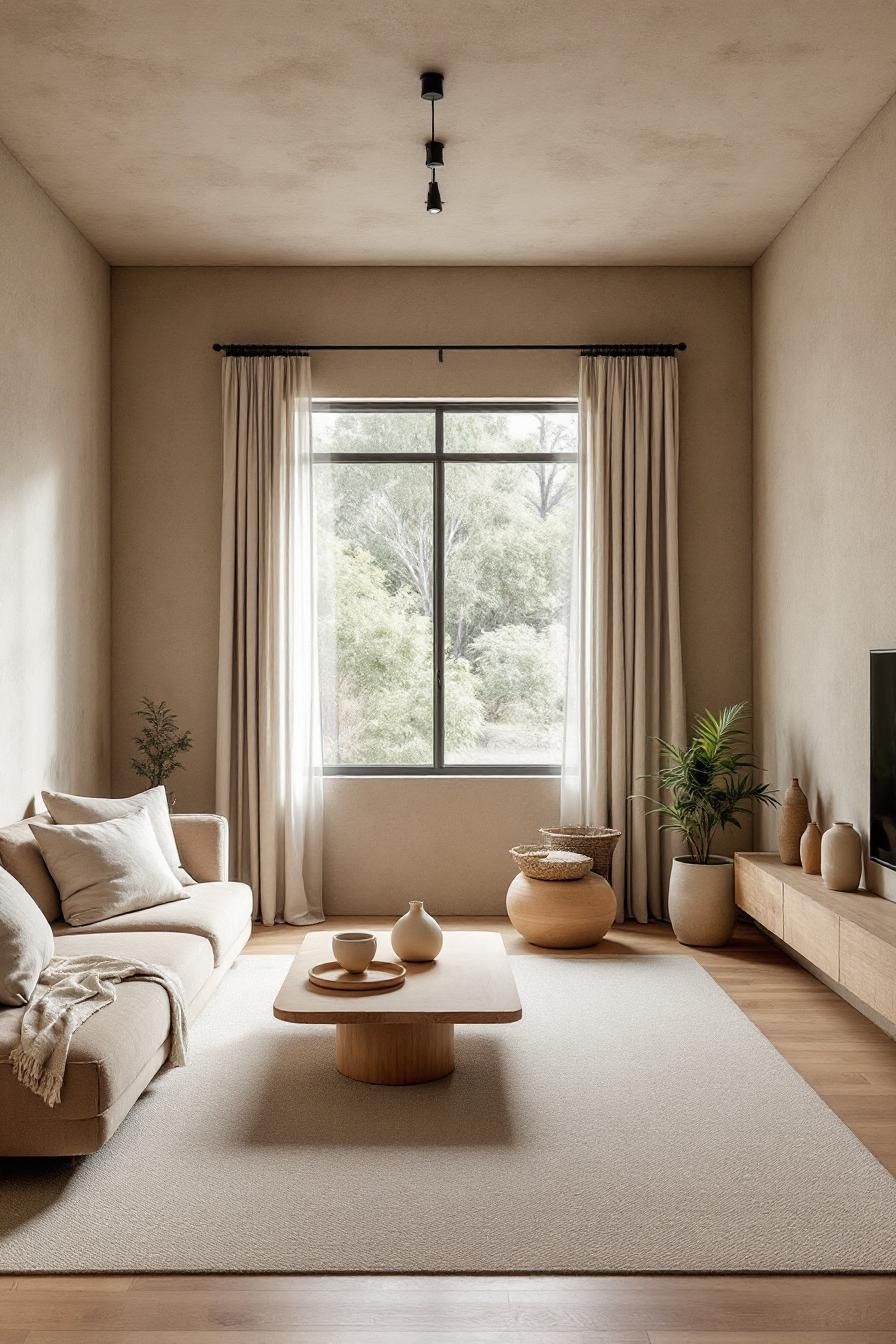 Minimalist living room with neutral tones and large window