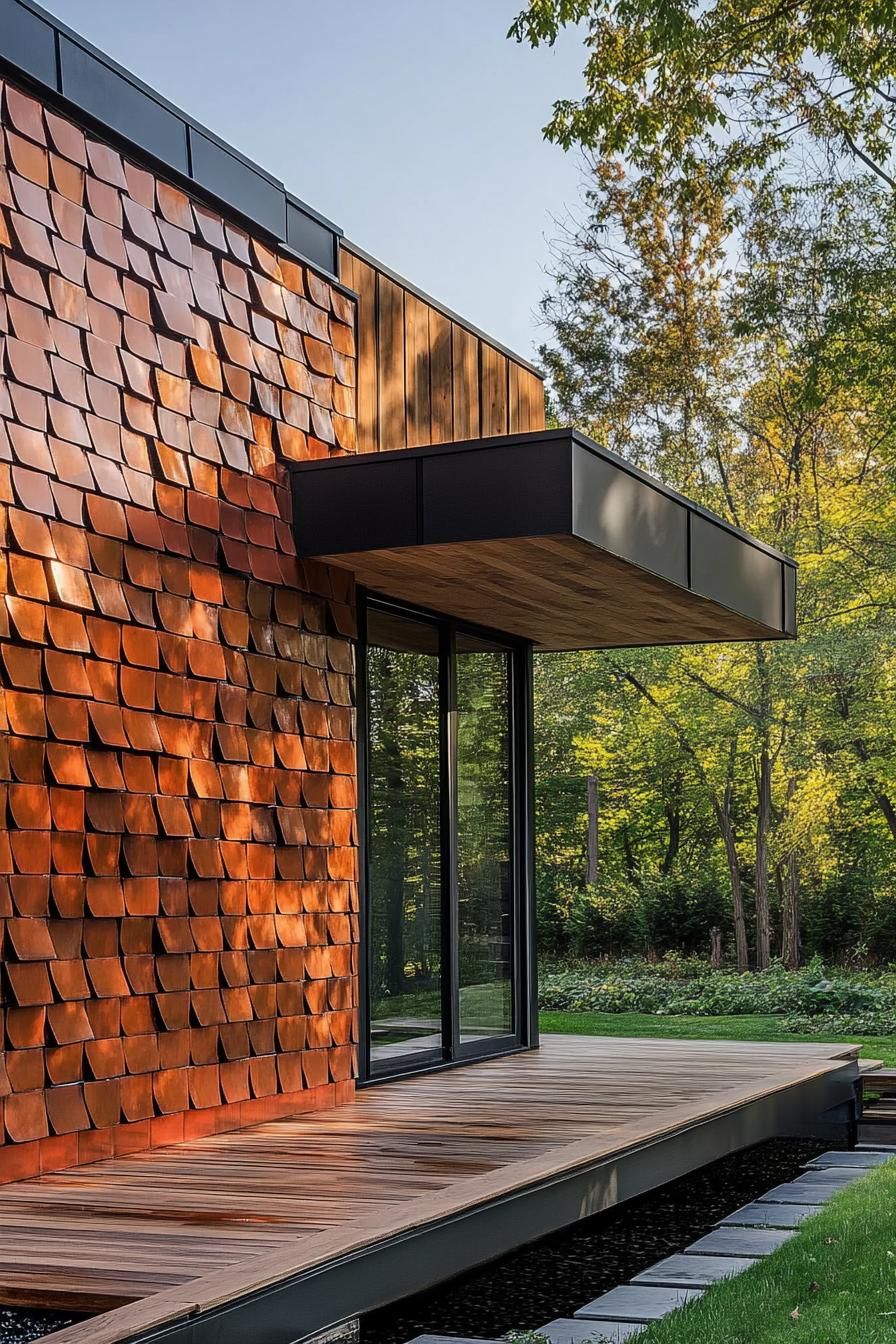 modern house geometric facade with brick and wooden facade with shimmering multi shade red metal tiles accent wall 1