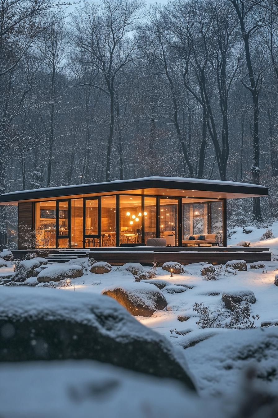 Cozy cabin with glowing lights in a snowy forest