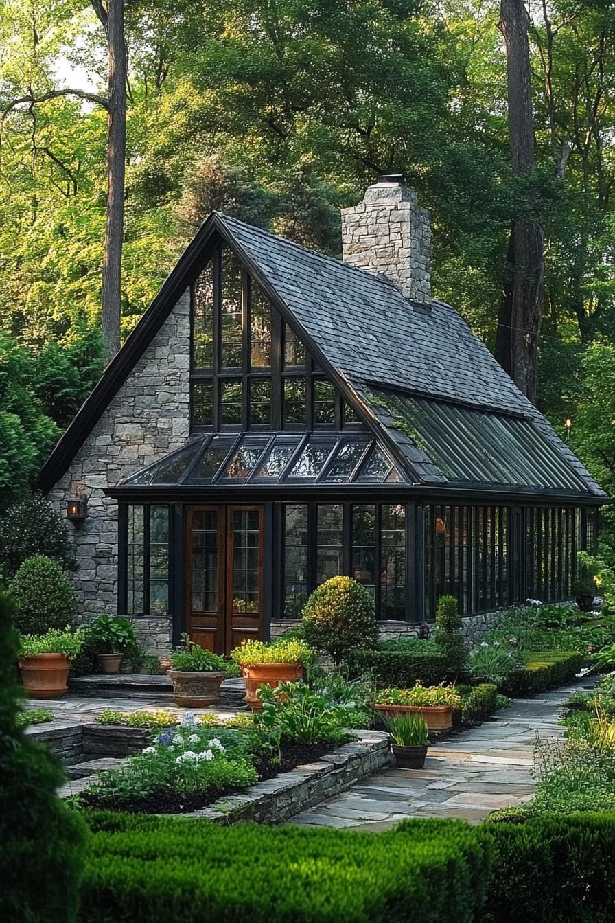 Stone cottage with large glass windows and lush garden