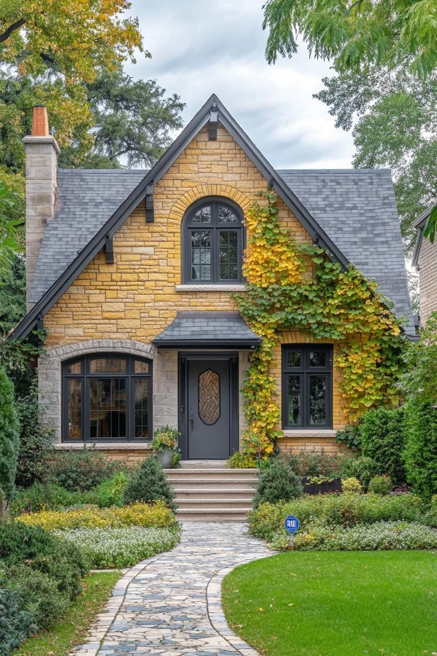 Cozy stone house with ivy and arched window