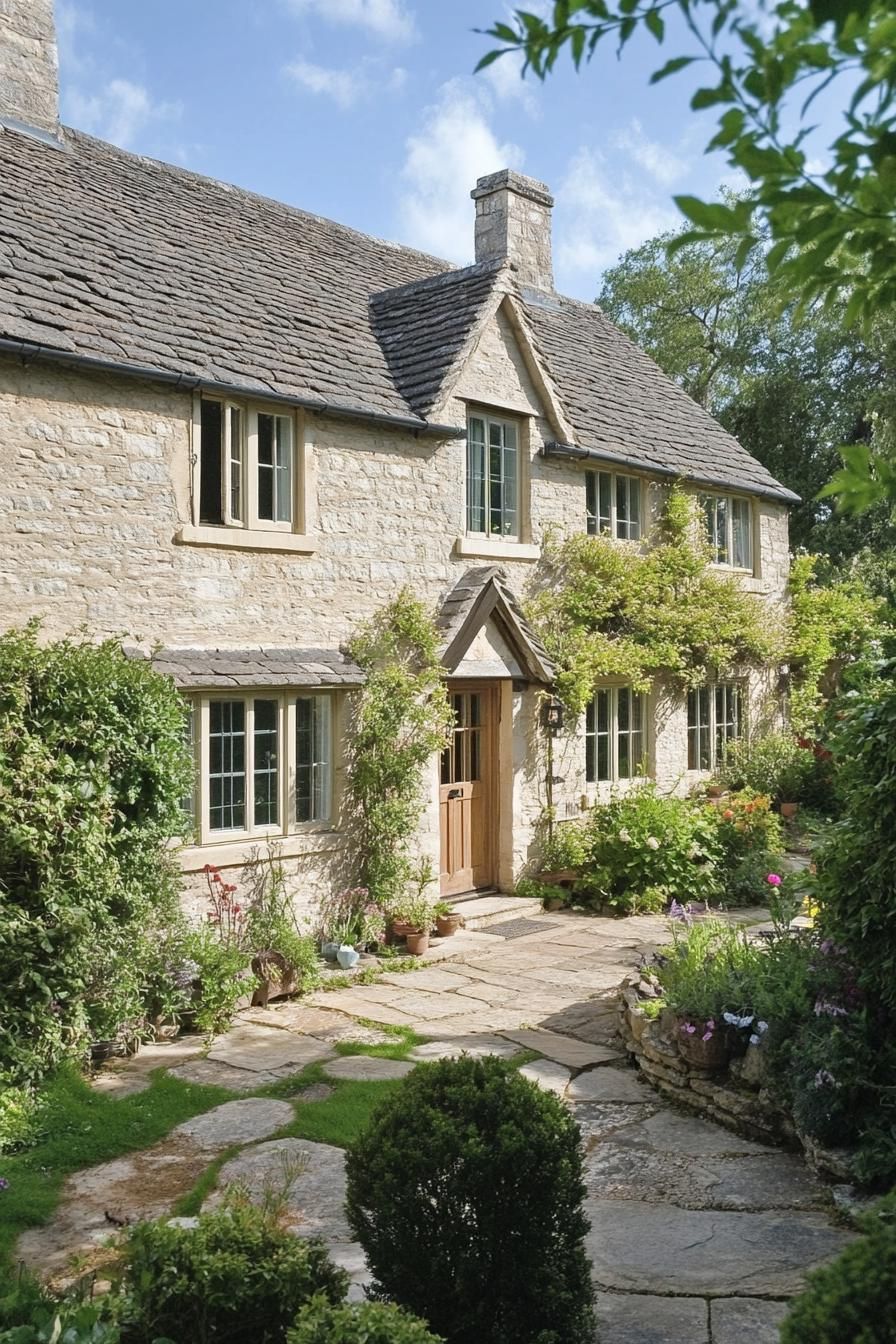 Charming stone cottage with lush greenery