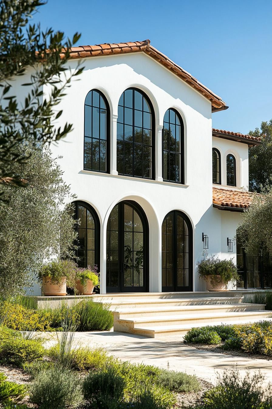 White villa with large arched windows and terracotta roof