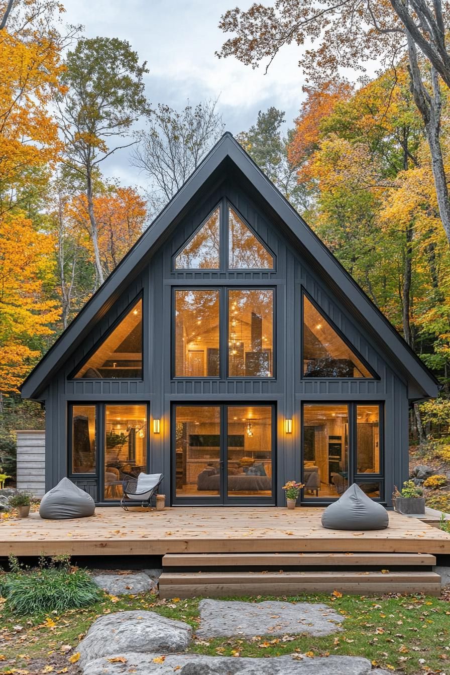 Modern barn house with large windows and a wooden deck