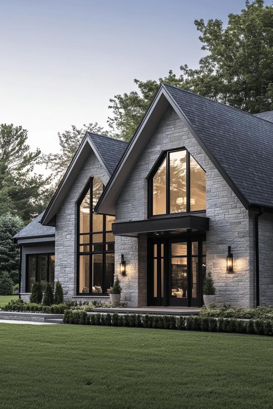 Stone facade with large windows and a lush lawn