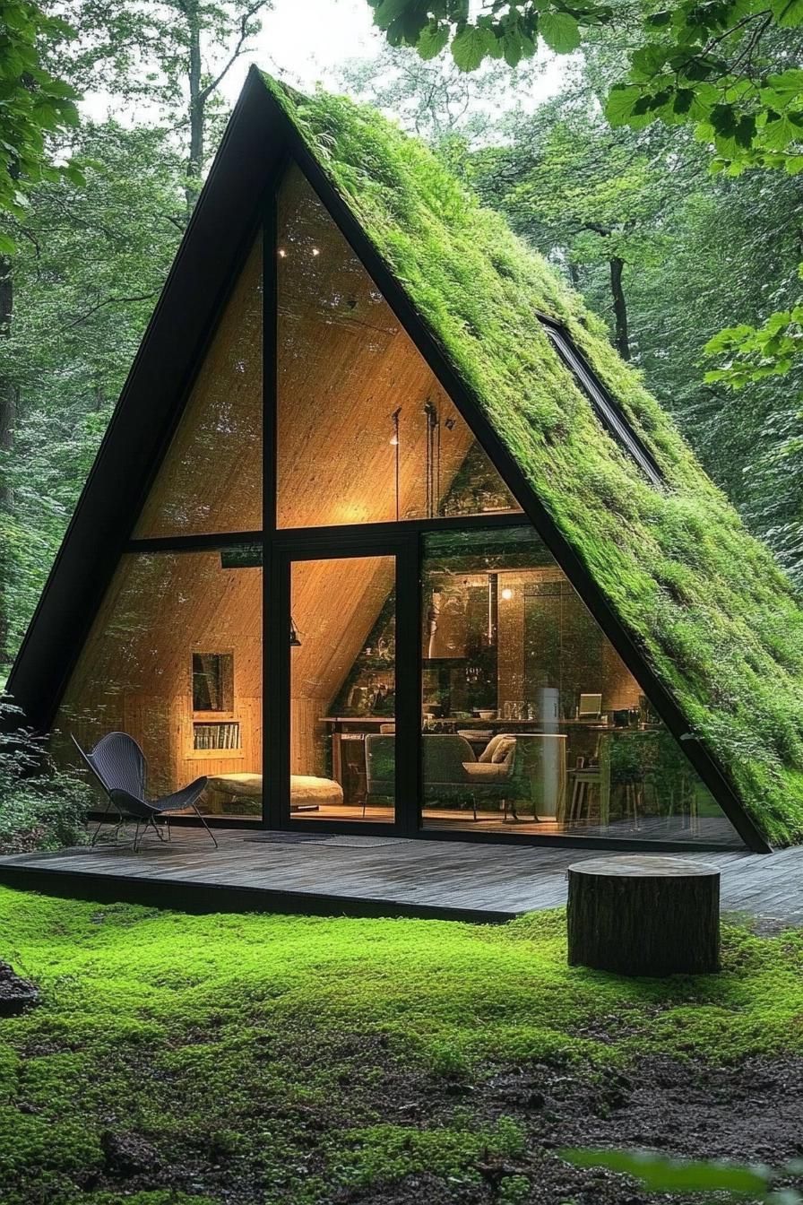 tiny forest modern luxury cabin with slanted moss roof full glass front 3