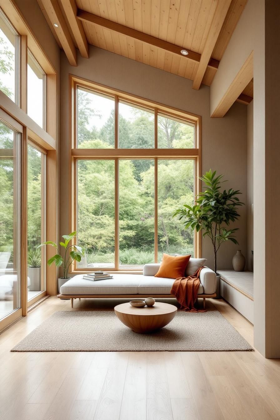 Living room with large windows and wooden elements