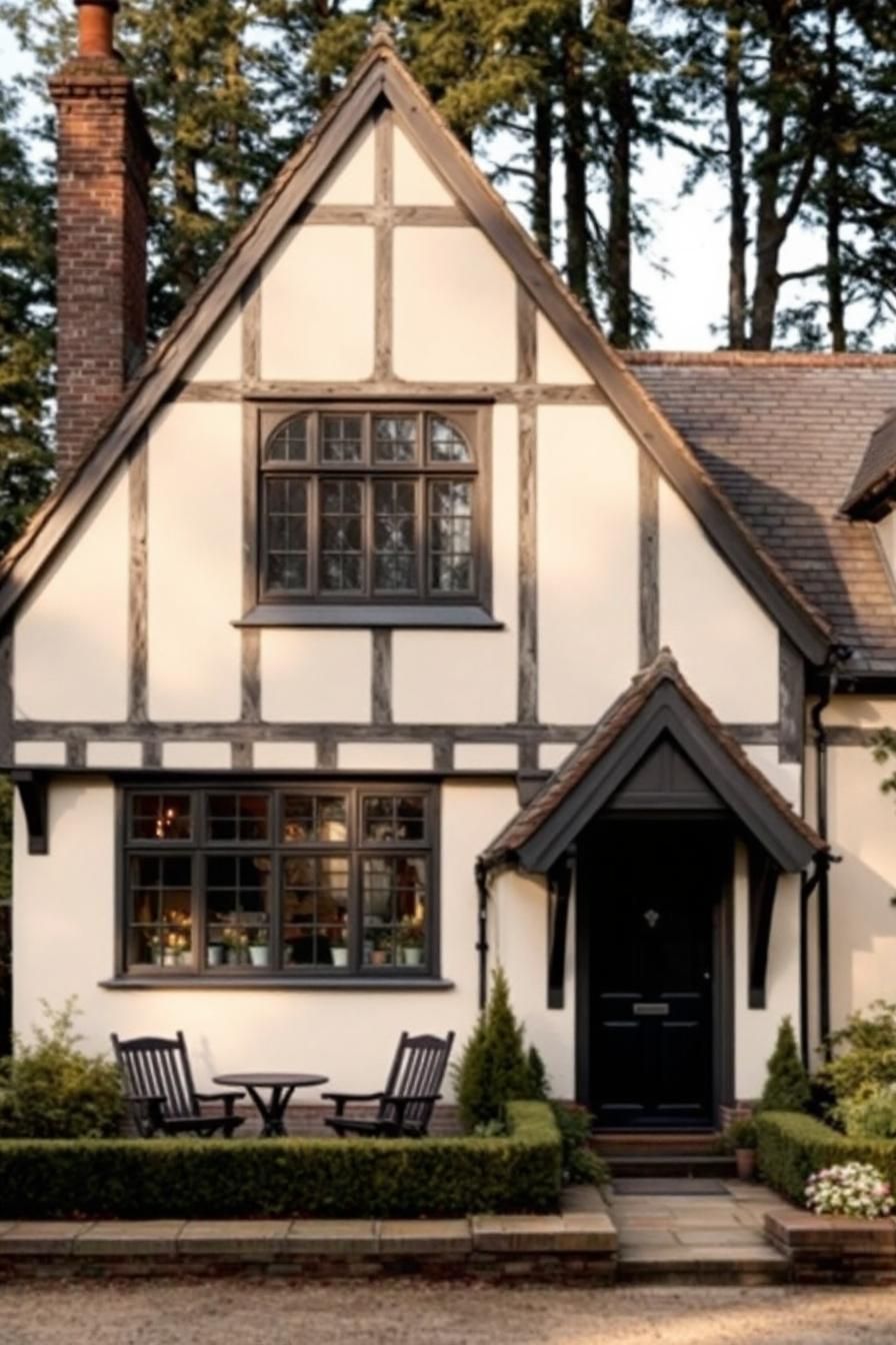 Charming Tudor-style cottage with inviting porch chairs