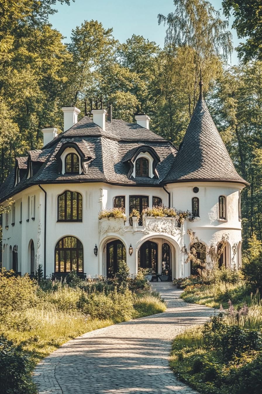 A whimsical house with a pointy tower and arched doorways