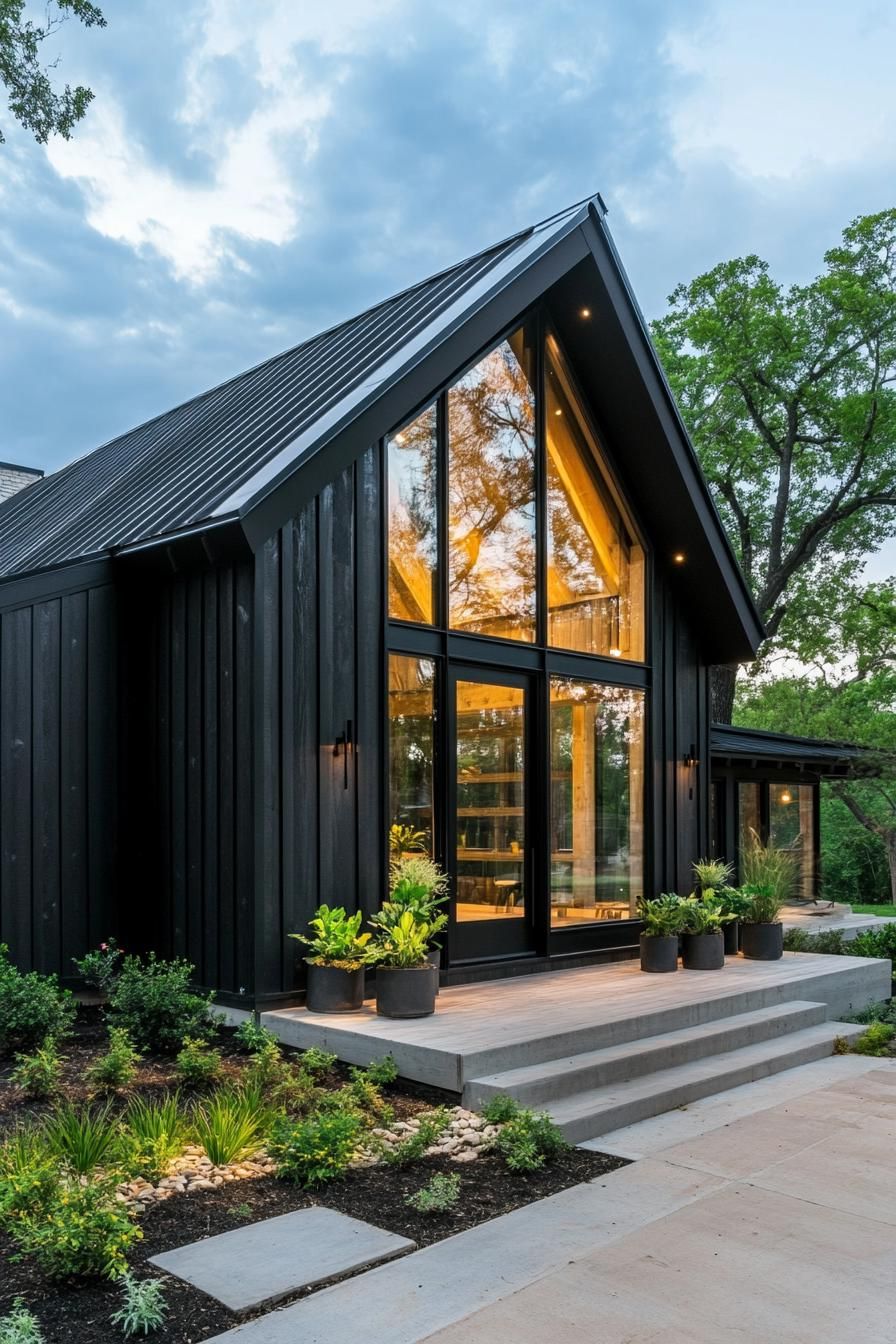 Modern house with dark wood siding and large glass windows