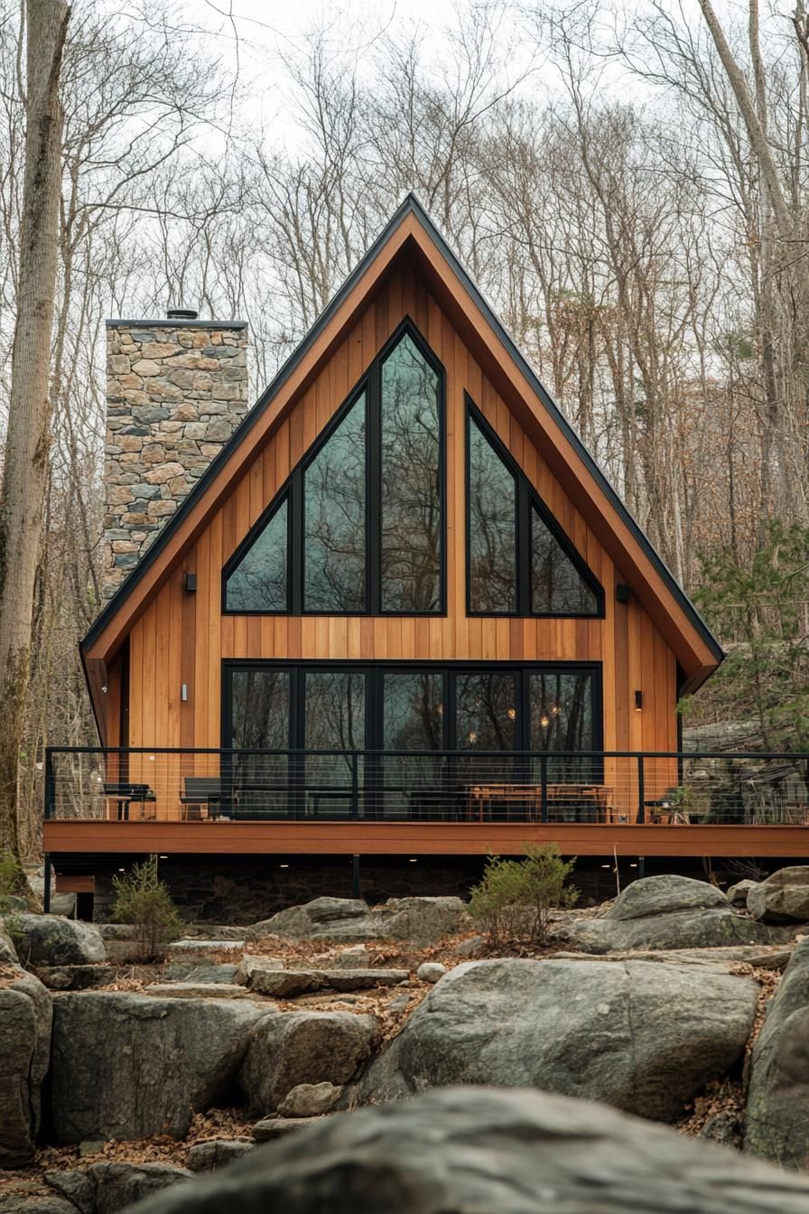 A-Frame cabin with large windows and a stone chimney