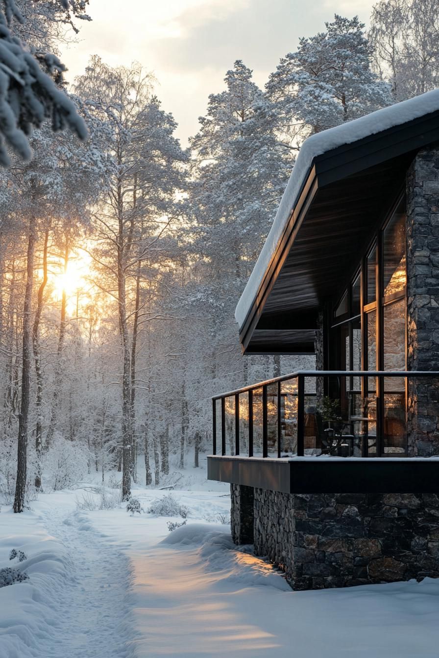 modern forest chalet in stone siding and dark wood details large porch overlooking a snowed in forest during sunset theres a fresh foot path in