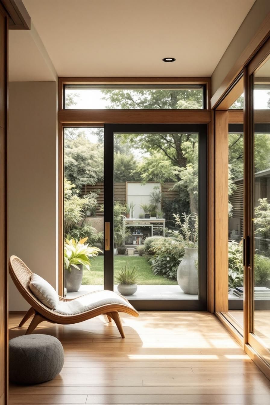 Wooden interior with a plush chaise and garden view