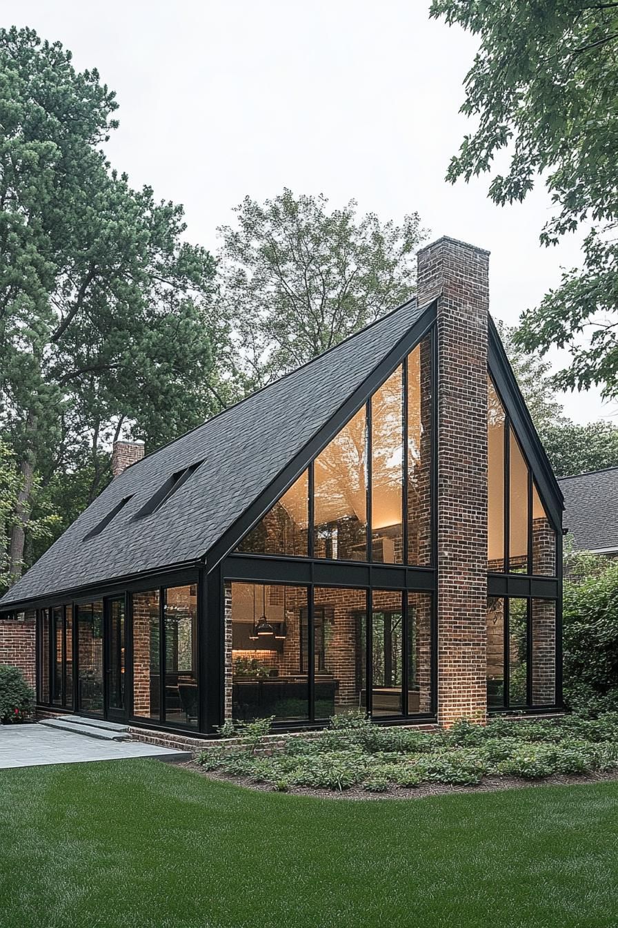 modern european brick cottage with multi pitched gable roof large sunroom section encased in glass modern black trim windows front yard with lawn 1