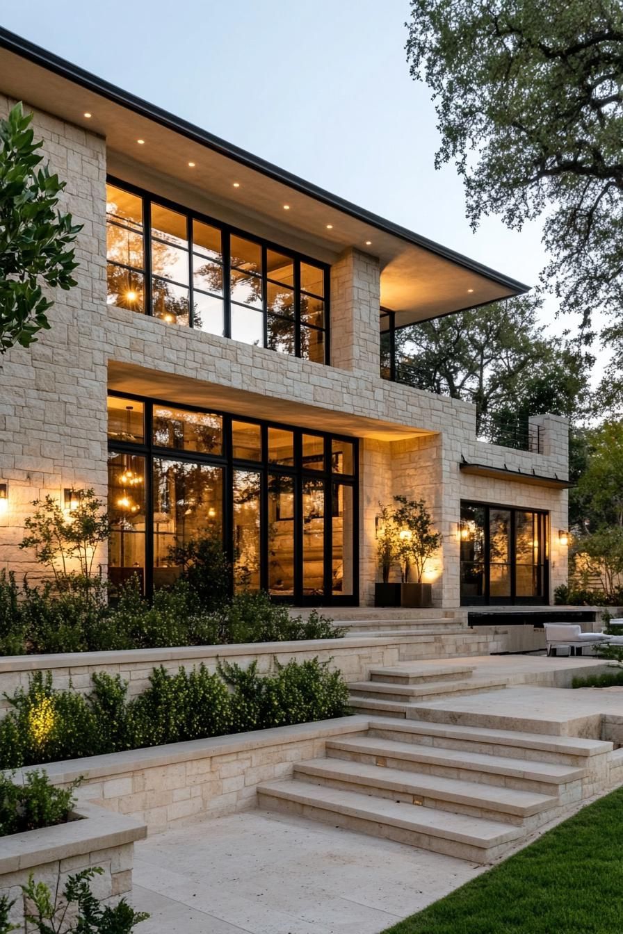 Modern stone house with large windows and a lush garden