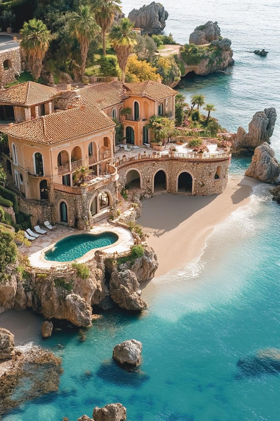 aerial view of italian villa estate with stone facade and arches terracotta roof the estate is beachfront with private beach there are cascading 1