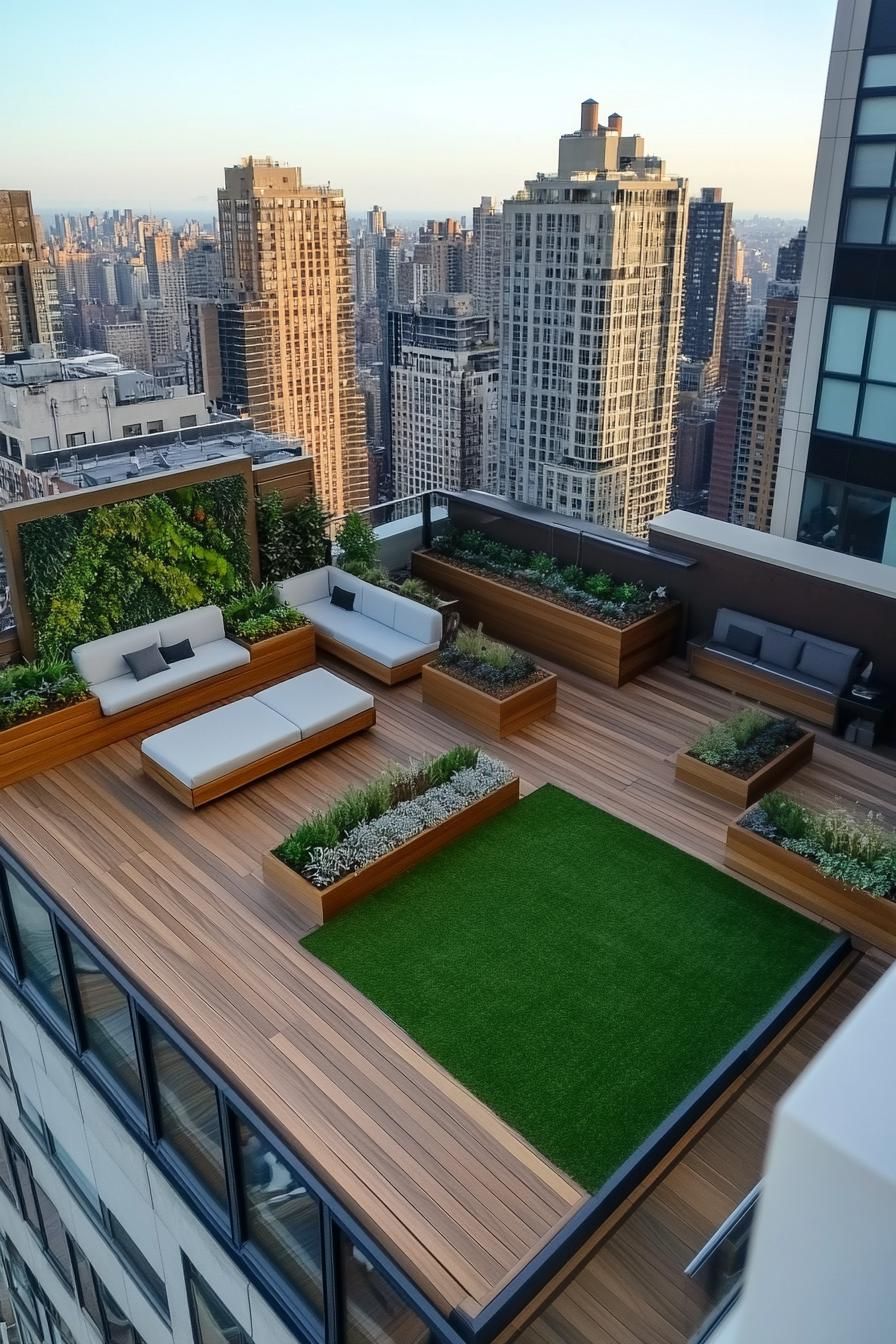 aerial view of a rooftop terrace on a residential building in a big city the terrace has part wooden tile deck part artificial grass planter boxes 3