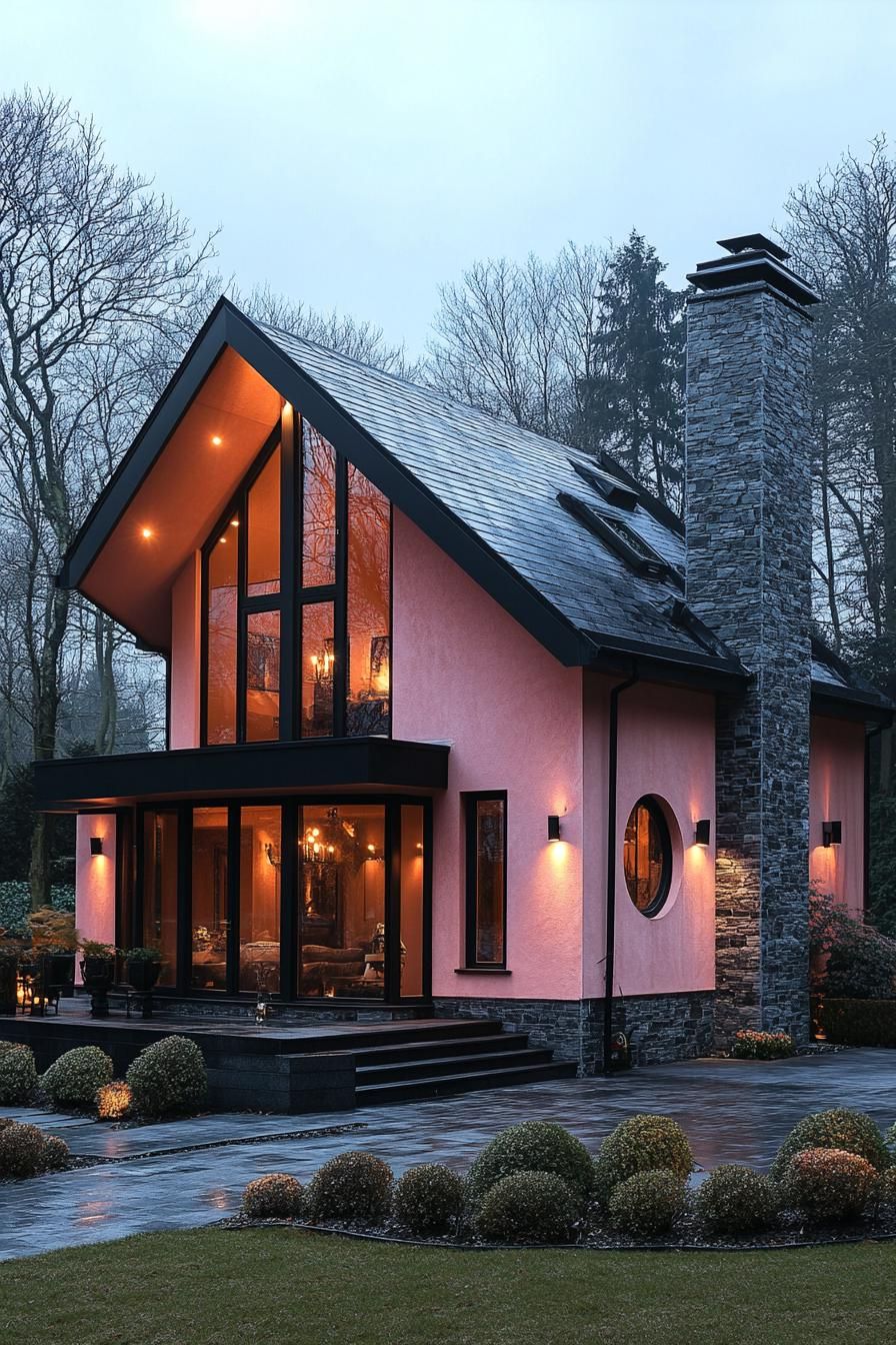 Modern house with a pink facade and large windows, surrounded by trees