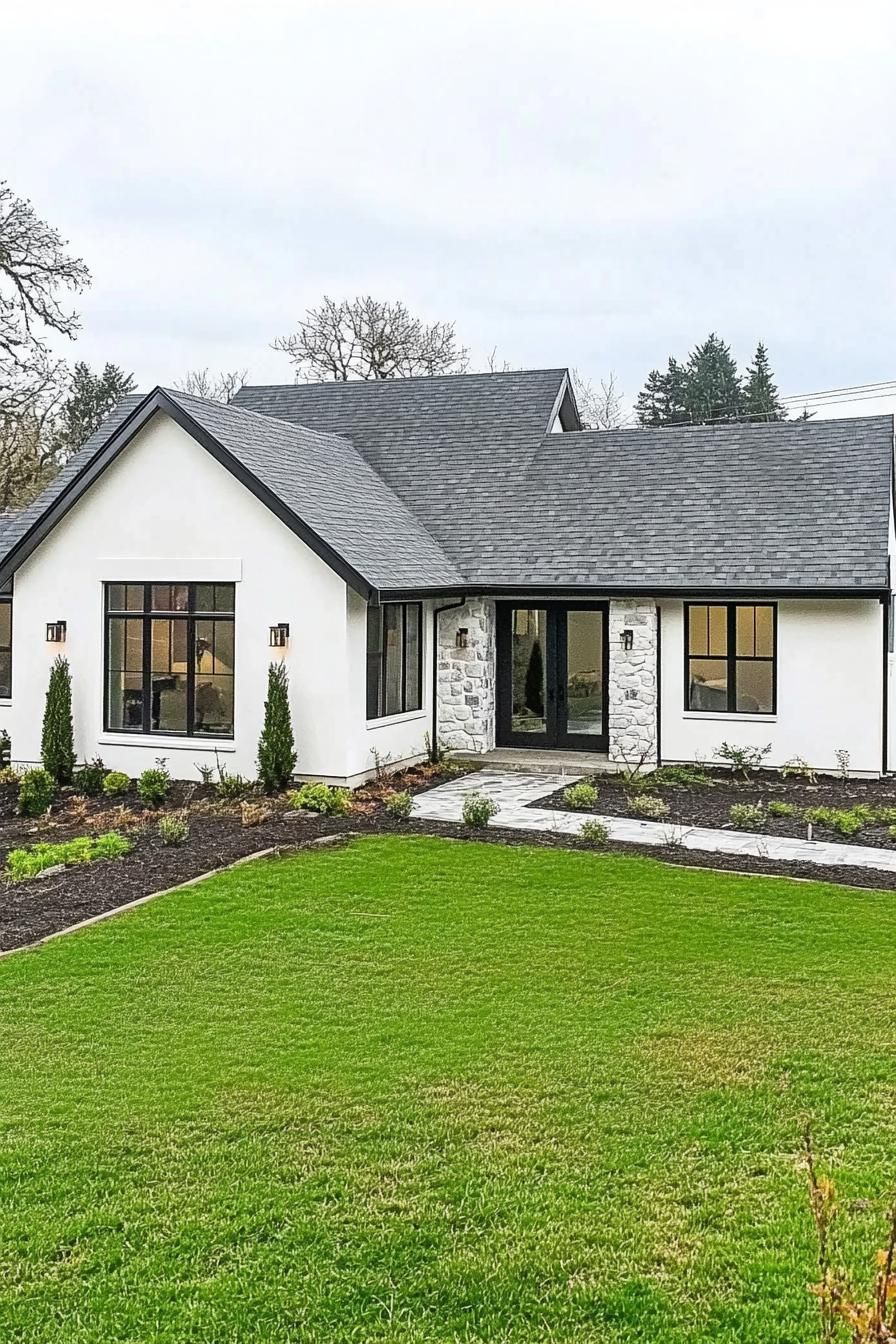 Modern one-story house with large windows and lush lawn