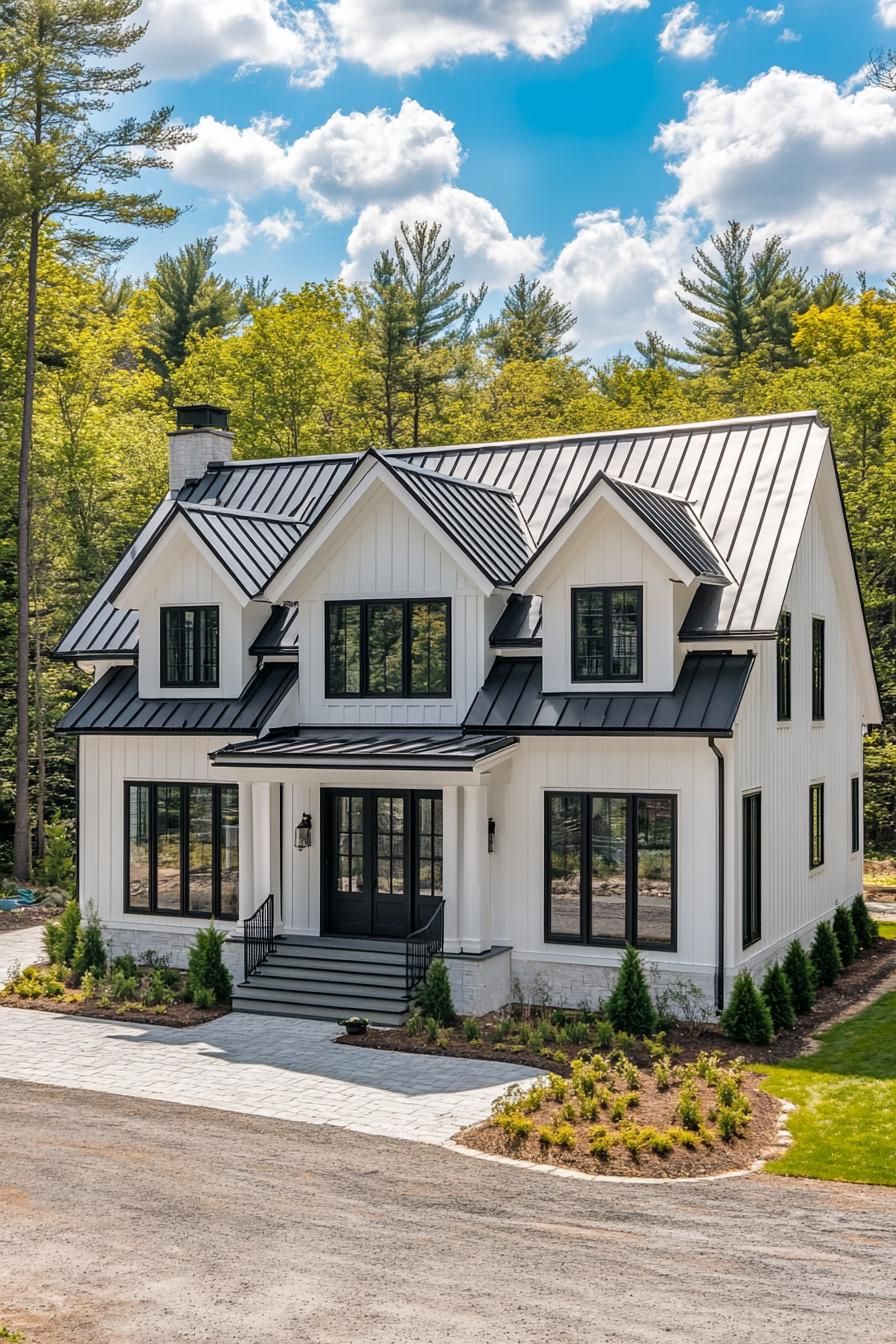 White house with black trim surrounded by trees