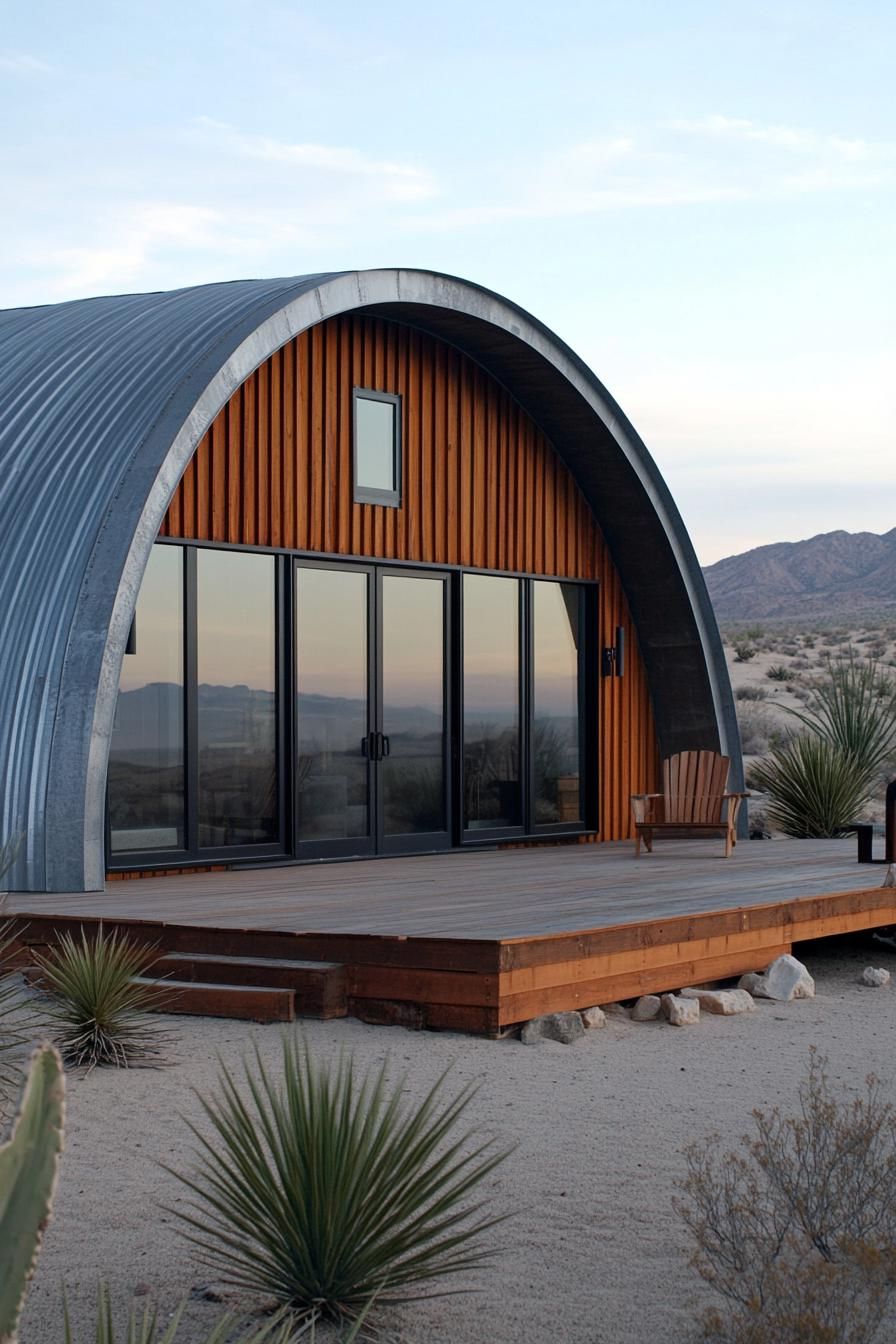 Desert Quonset hut with metal roof and rustic deck