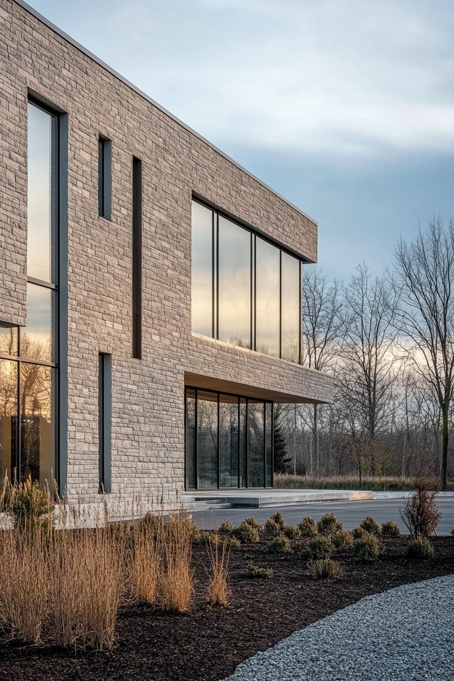 Modern stone facade with large glass windows