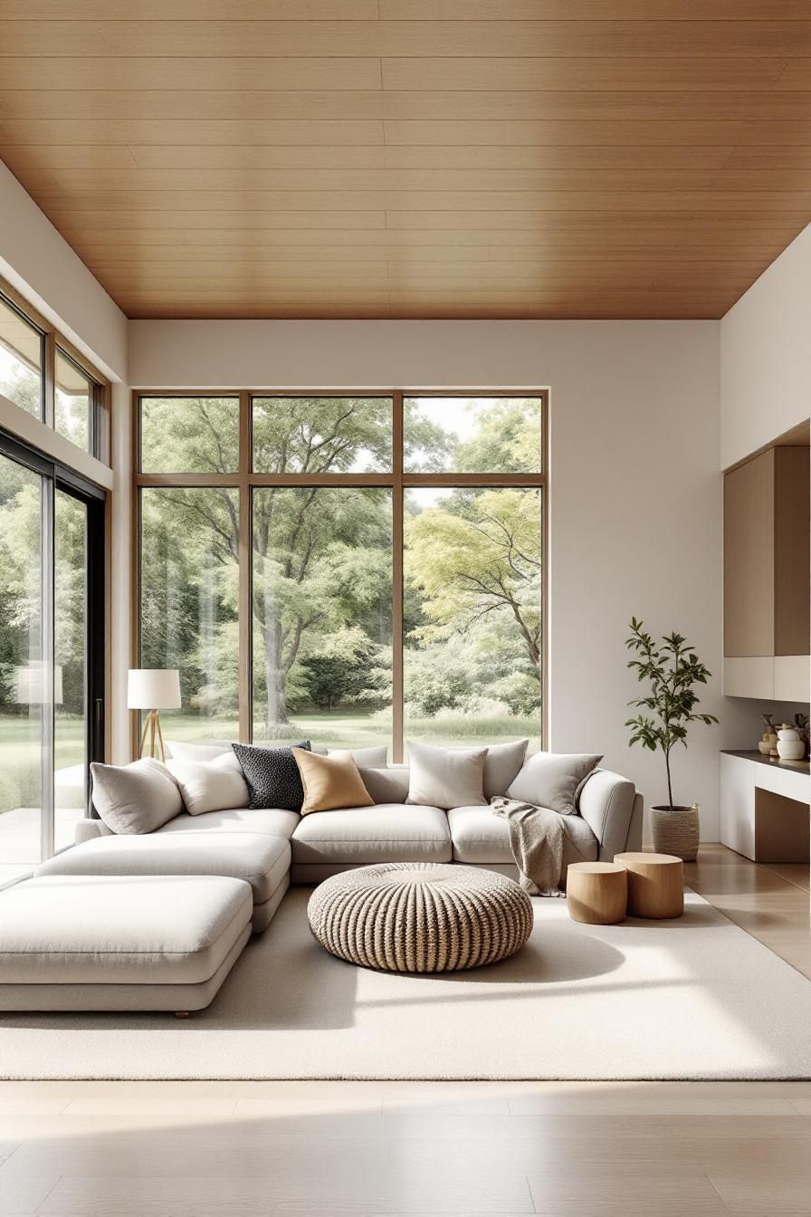 Bright Japandi living room with large windows