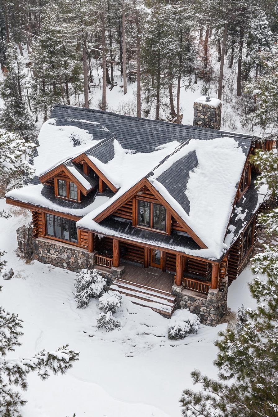 Log cabin nestled in a snowy forest, with a stone chimney