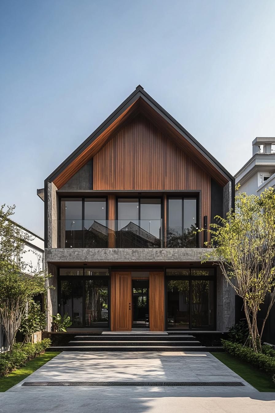 Modern house with large wooden doors and glass facade