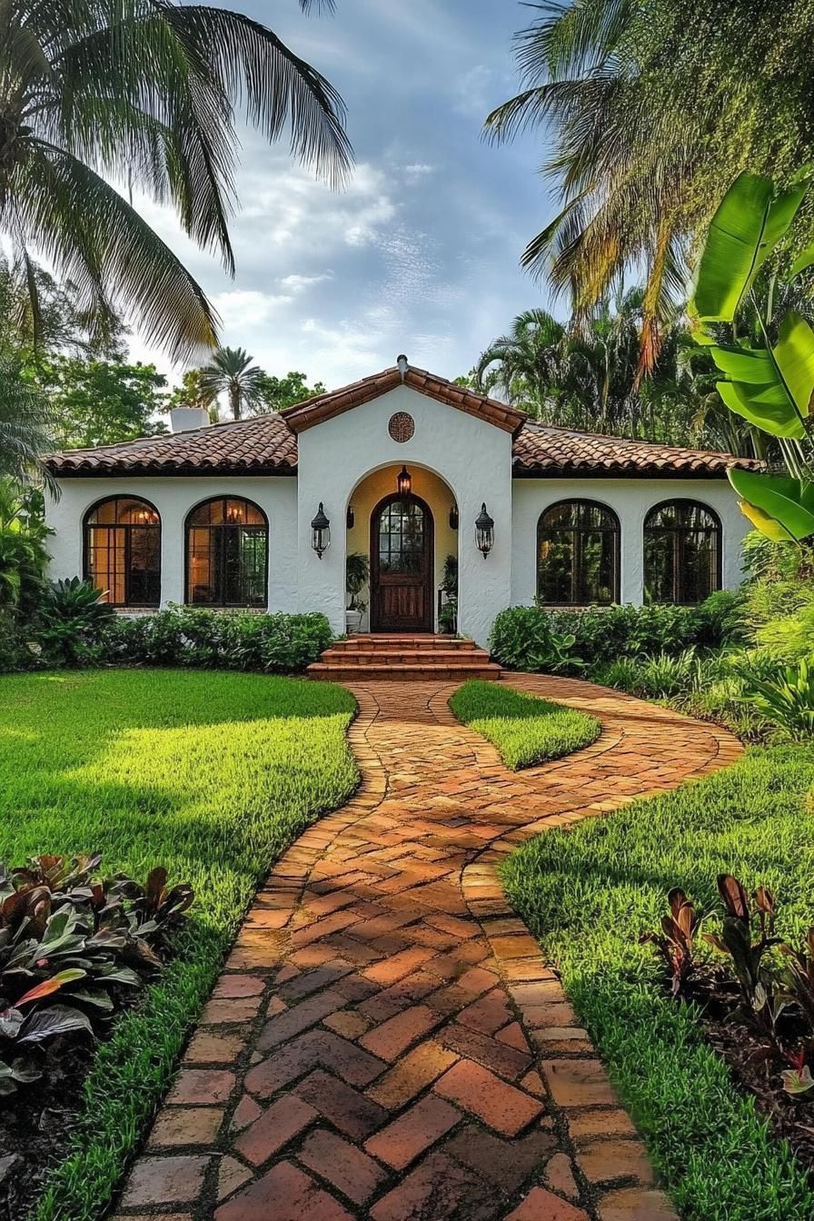 Spanish bungalow surrounded by lush greenery and a brick pathway